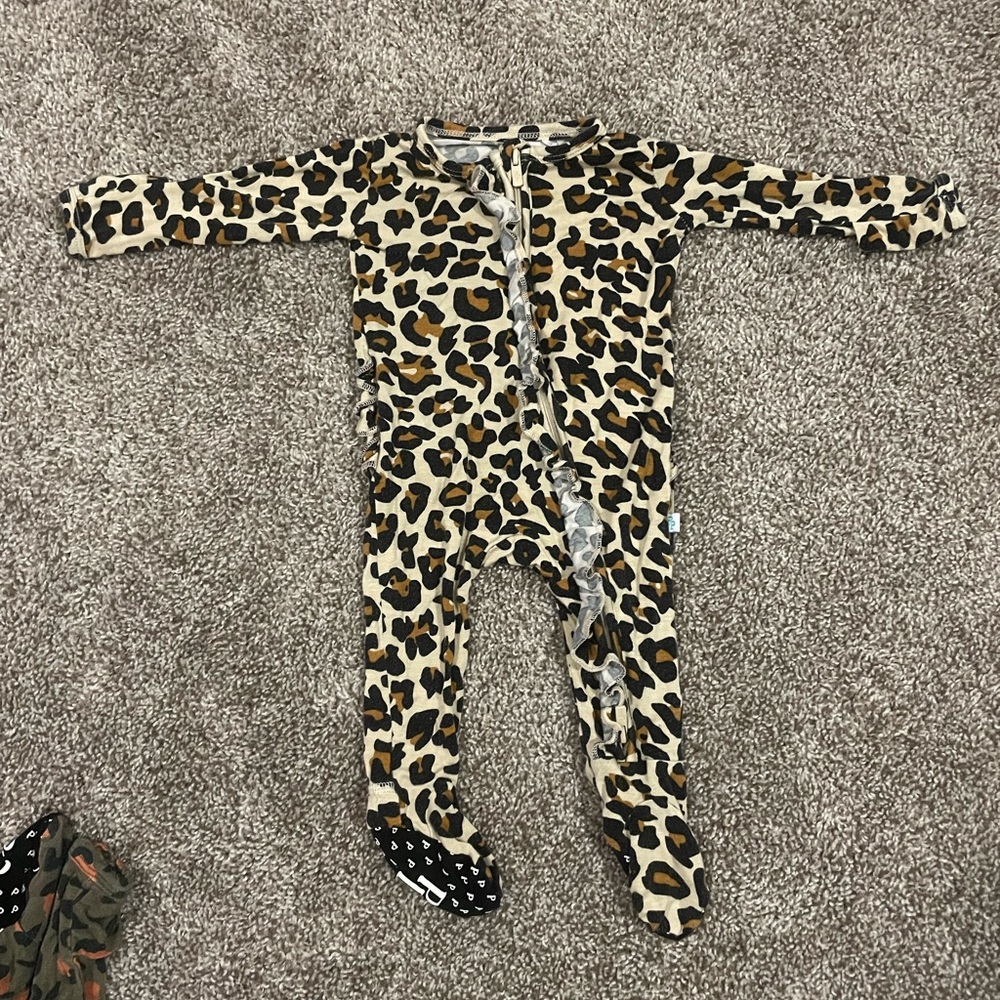 Posh peanut Lana Leopard Tan Footie Ruffled Zippered One Piece